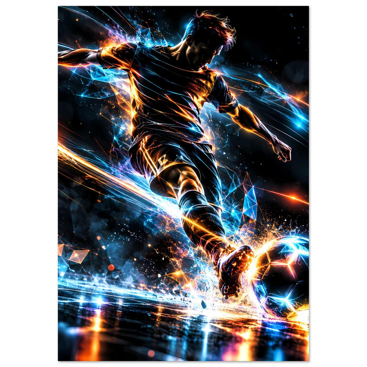 Neon-Fußballposter mit sprintendem Spieler und blauen sowie orangefarbenen Lichtlinien