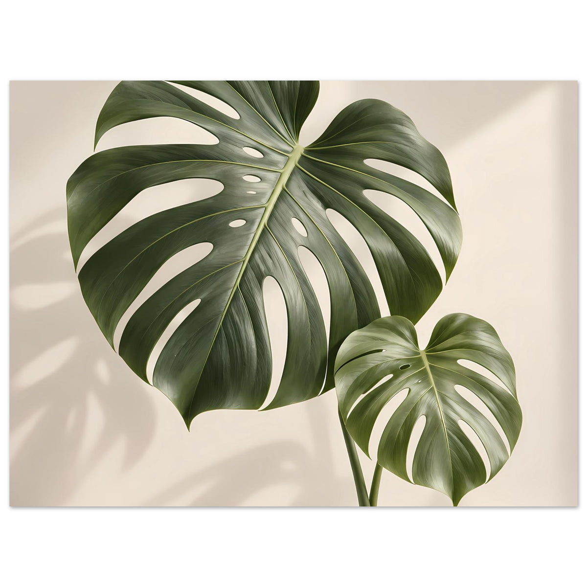 Botanisches Poster mit Monstera-Blättern, großes Blatt links, zweites Blatt rechts