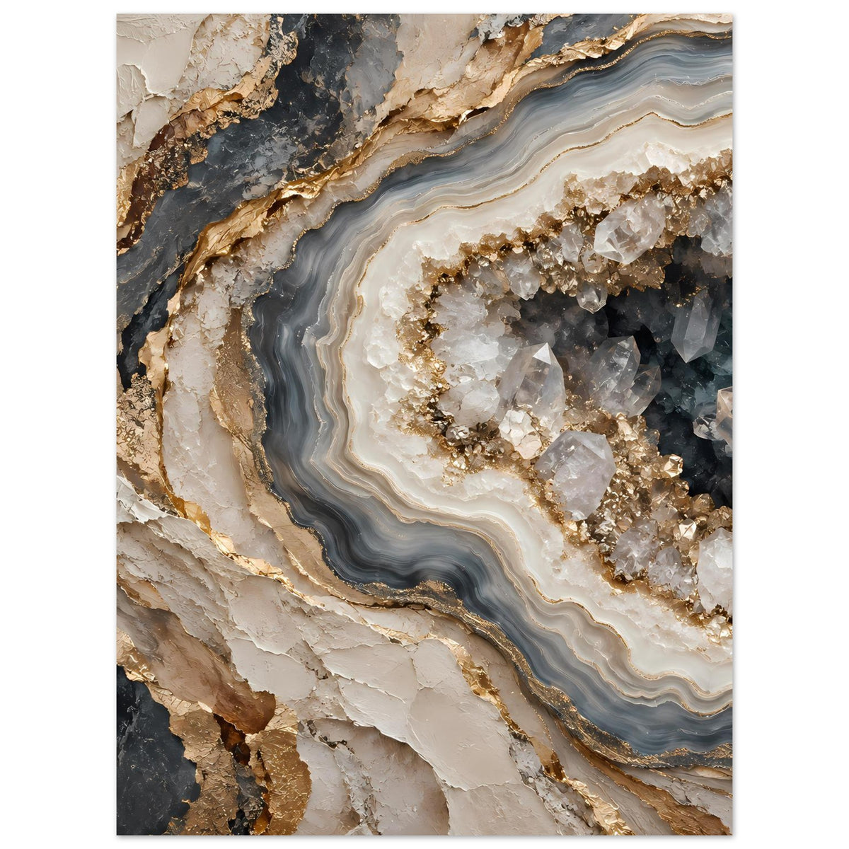 Poster mit Geoden-Schichten in Creme, Rauchgrau und Gold, vertikal