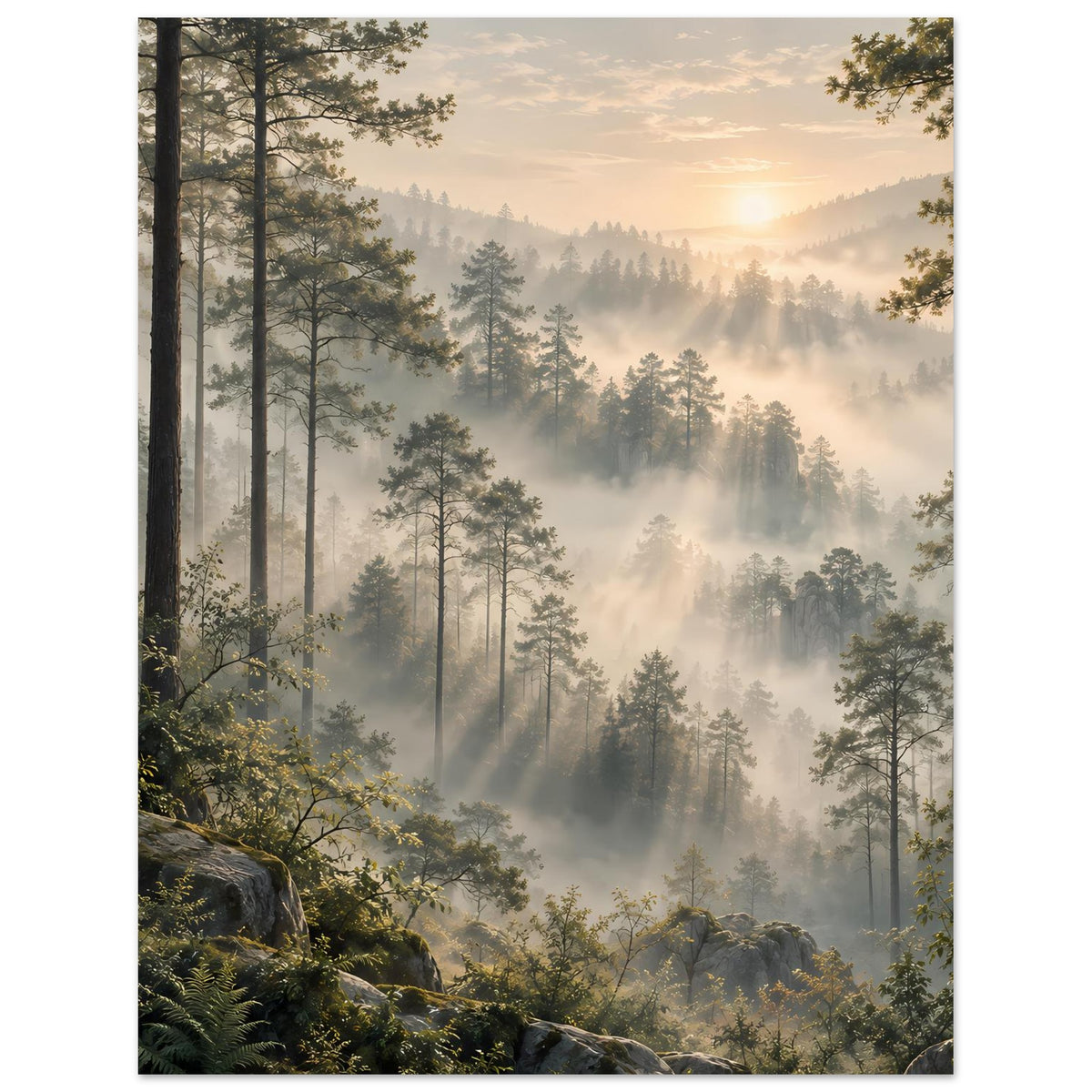 Waldlandschaft-Poster mit hohen Baumstämmen, Tannenwald und Morgennebel