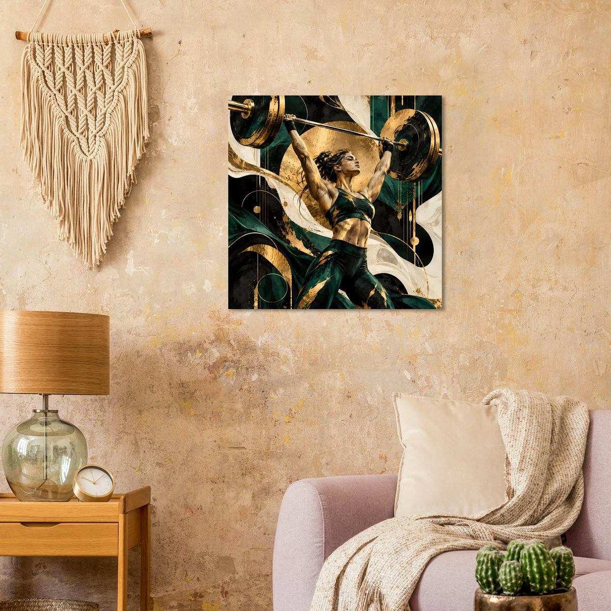 Quadratisches Kunstposter: kraftvolle Frau mit Langhantel vor abstraktem Gold-Grün.