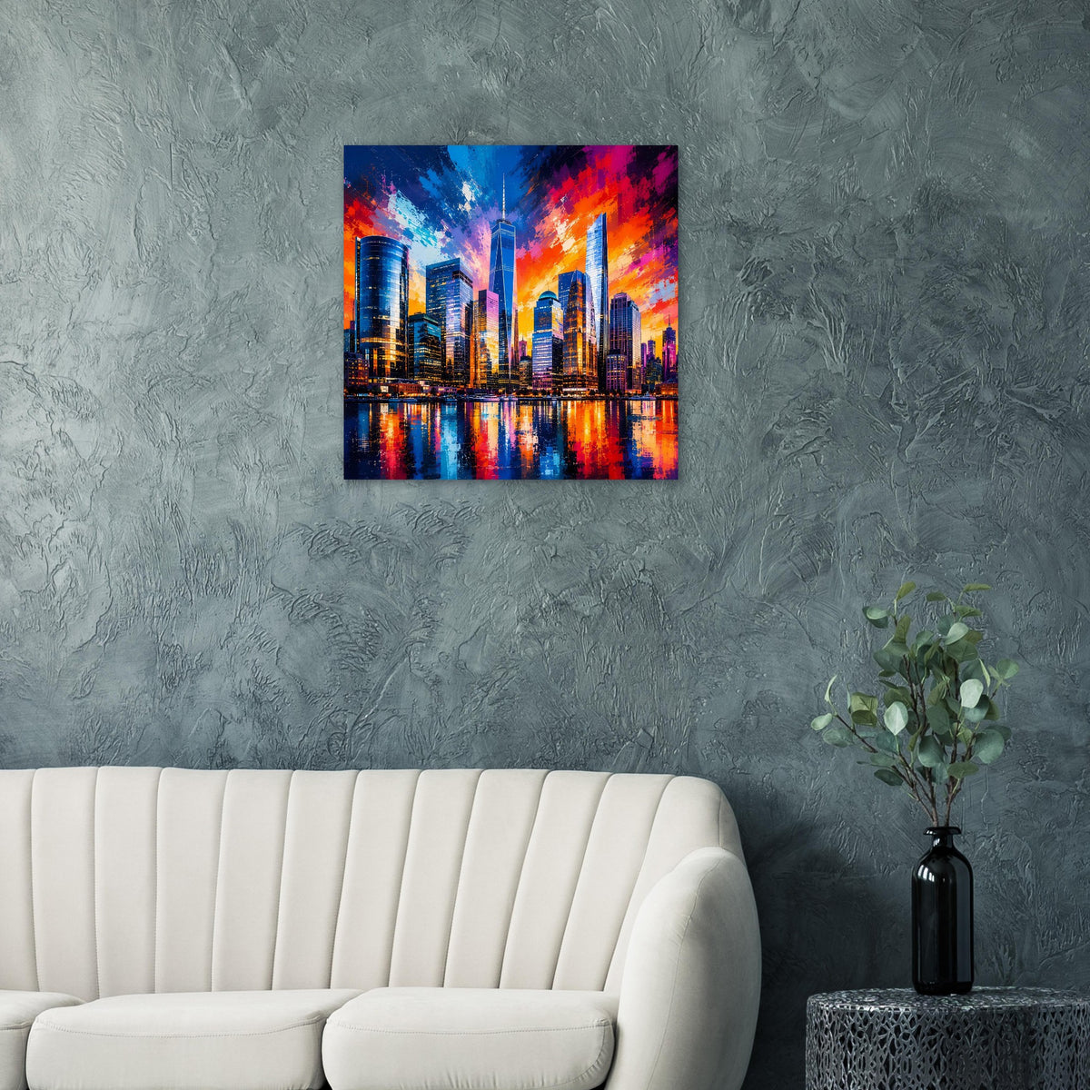 Wandposter im Querformat mit farbenfroher Skyline und spiegelnden Wasserdetails