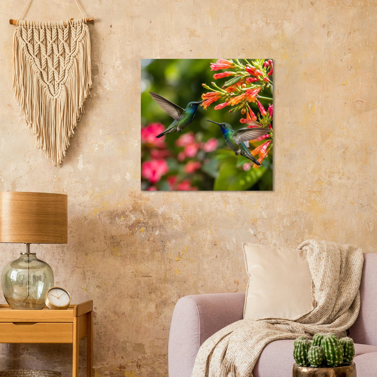 Poster mit Kolibris auf Nektarblüten, kräftige Farben, quadratisch