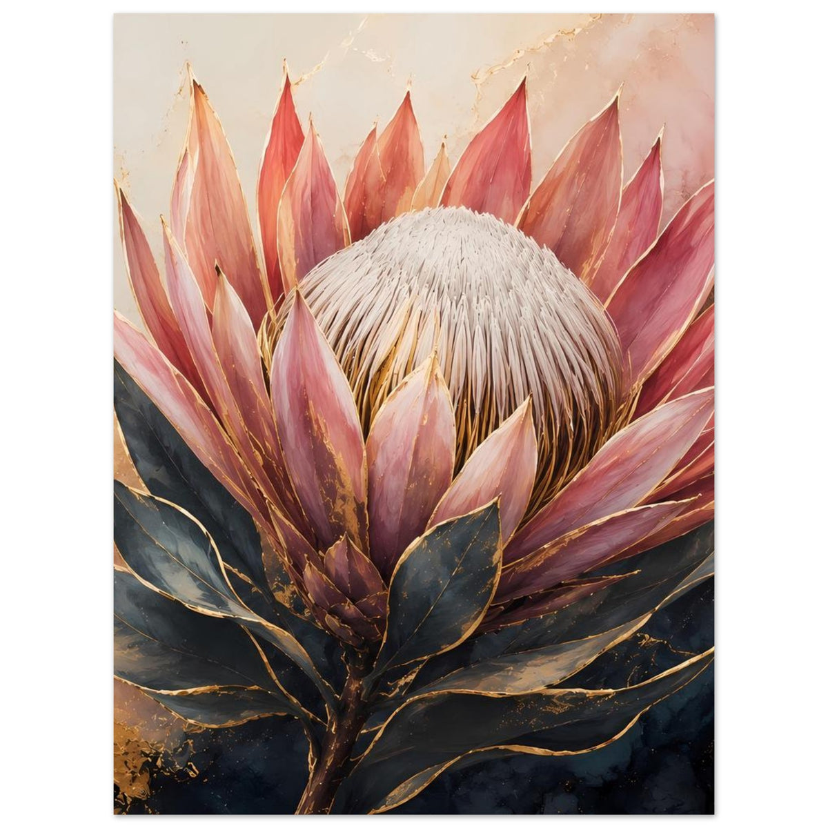 Botanisches Poster mit Königsprotea-Blütenkopf und Strahlenblättern, warmes Rosa und Gold