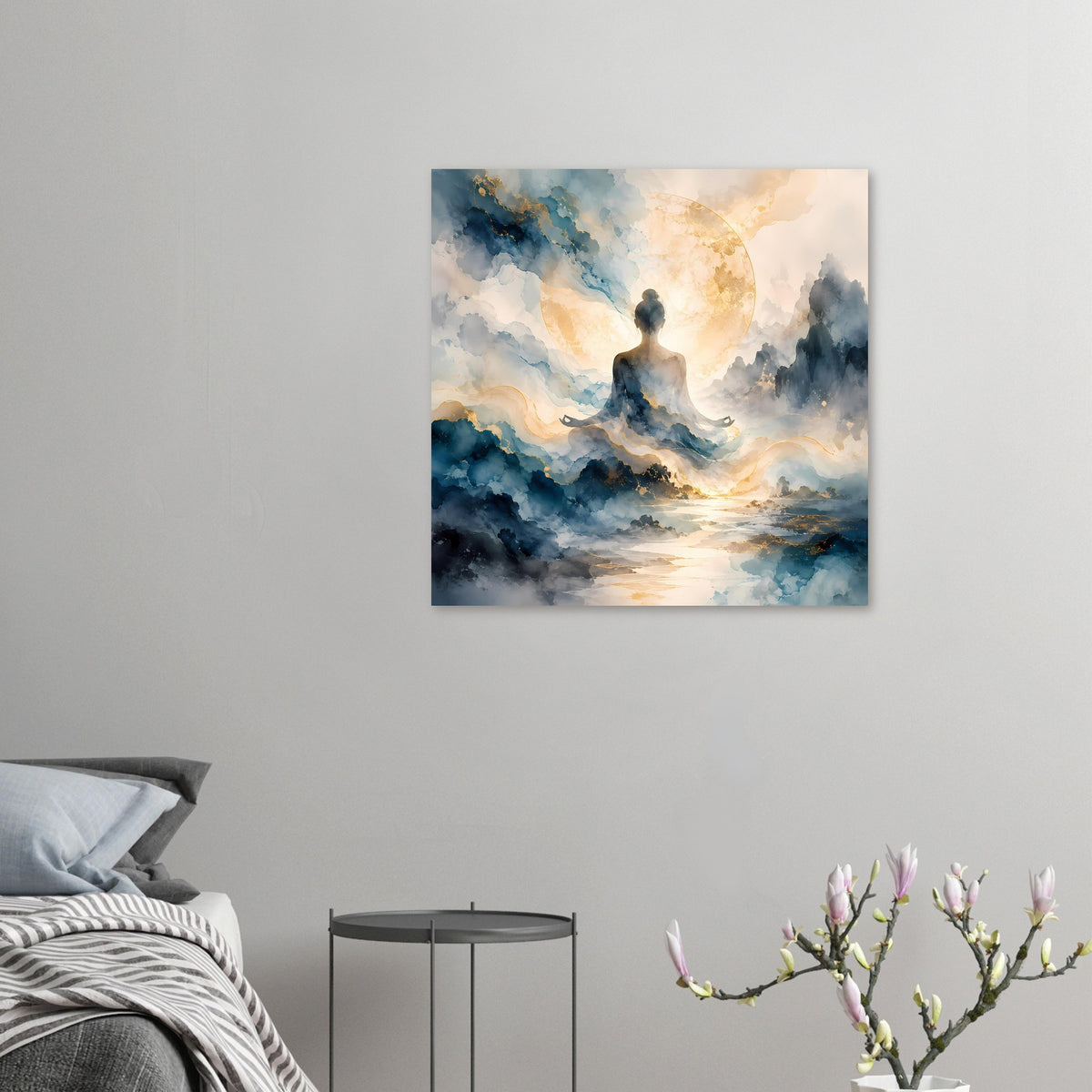 Kleines Zen-Poster: meditierende Silhouette im blauen Wolkenmeer, goldener Mondkreis