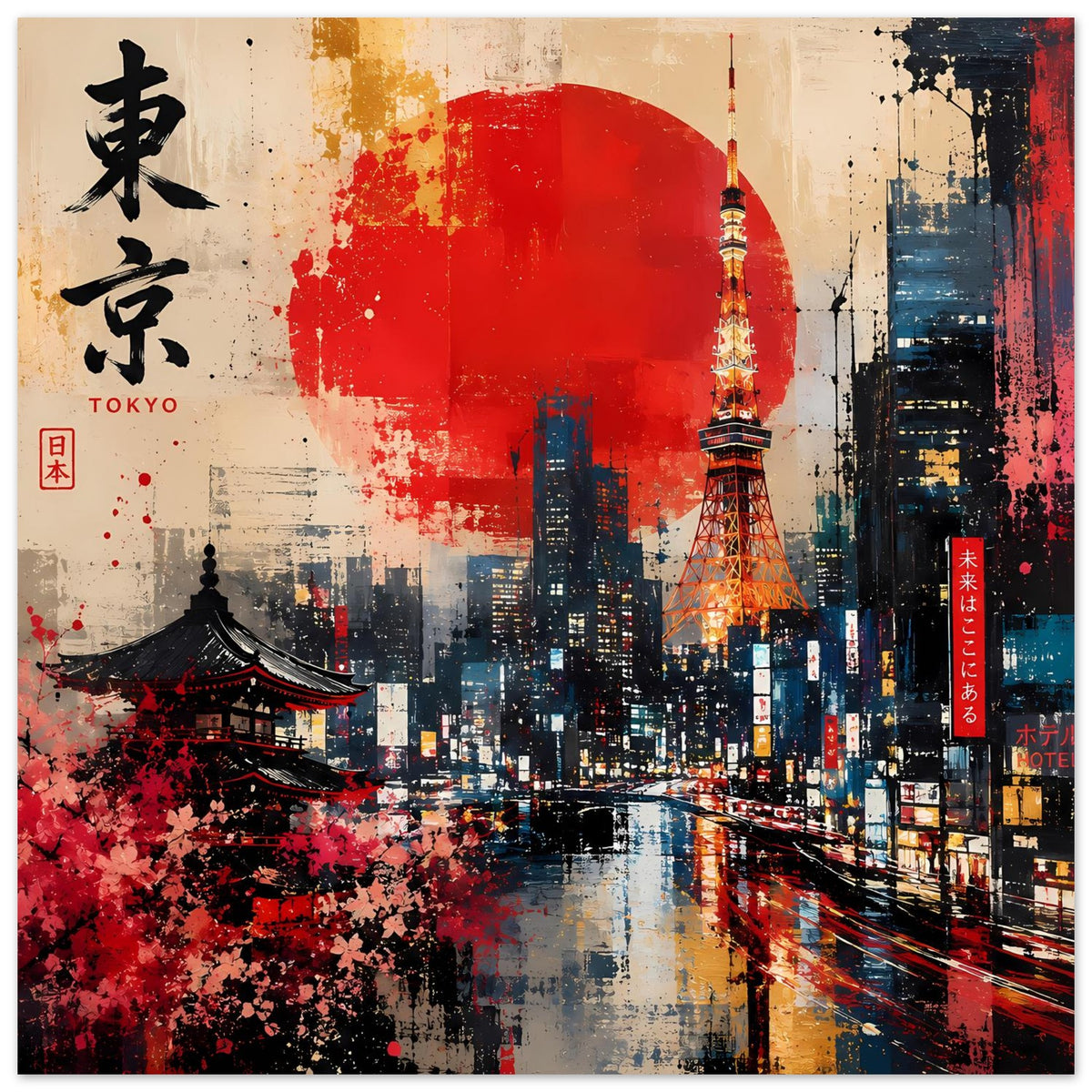 Abstraktes Tokio-Poster im Querformat: rote Sonne, Tokyo Tower, Skyline mit Blick auf den Fluss