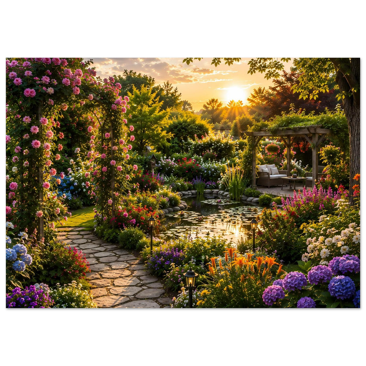 Querformatiges Poster mit blühendem Gartenweg bei Sonnenuntergang auf mattem Papier
