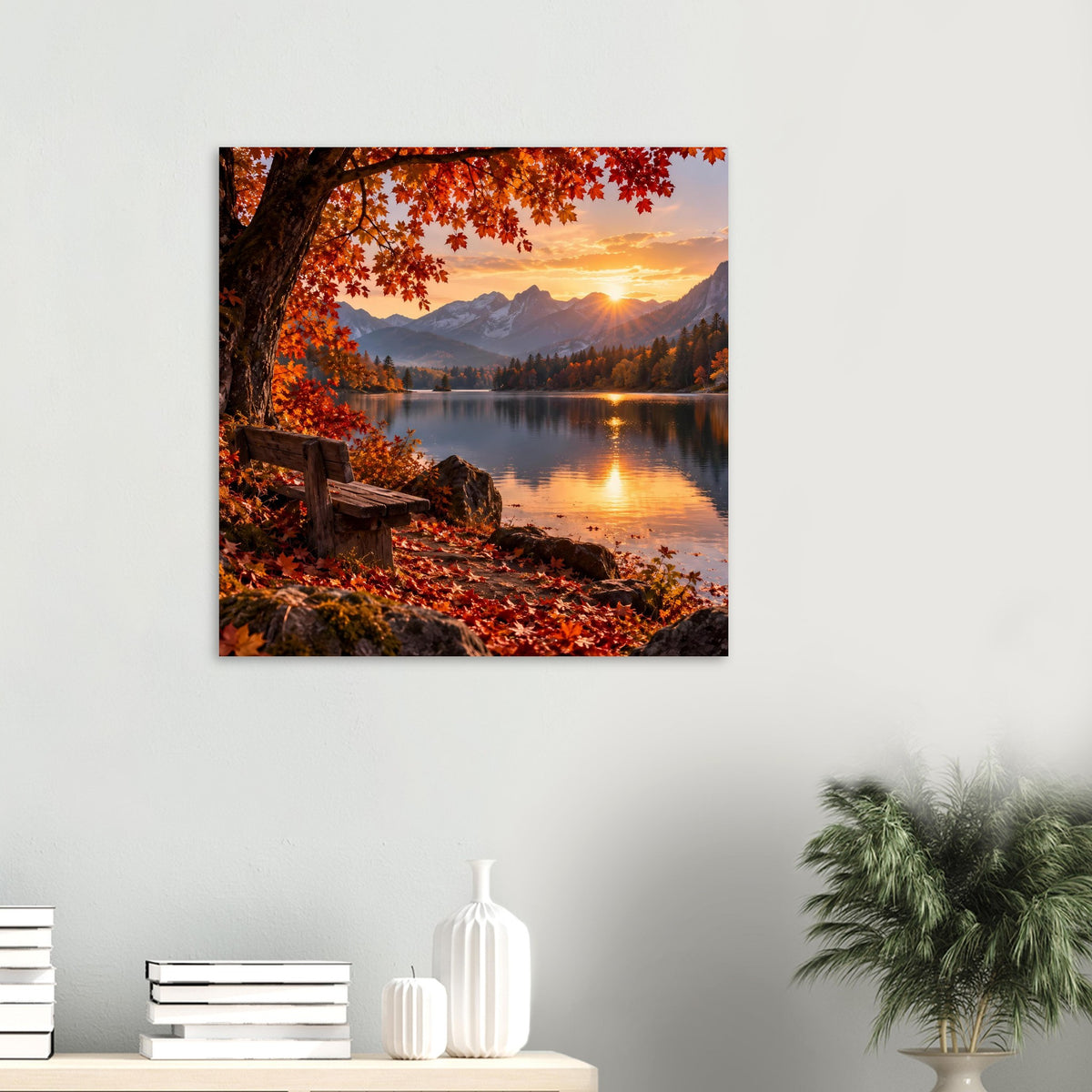 Quadratisches Poster mit Herbstlandschaft, Seeufer, roten Blättern und warmem Sonnenuntergang