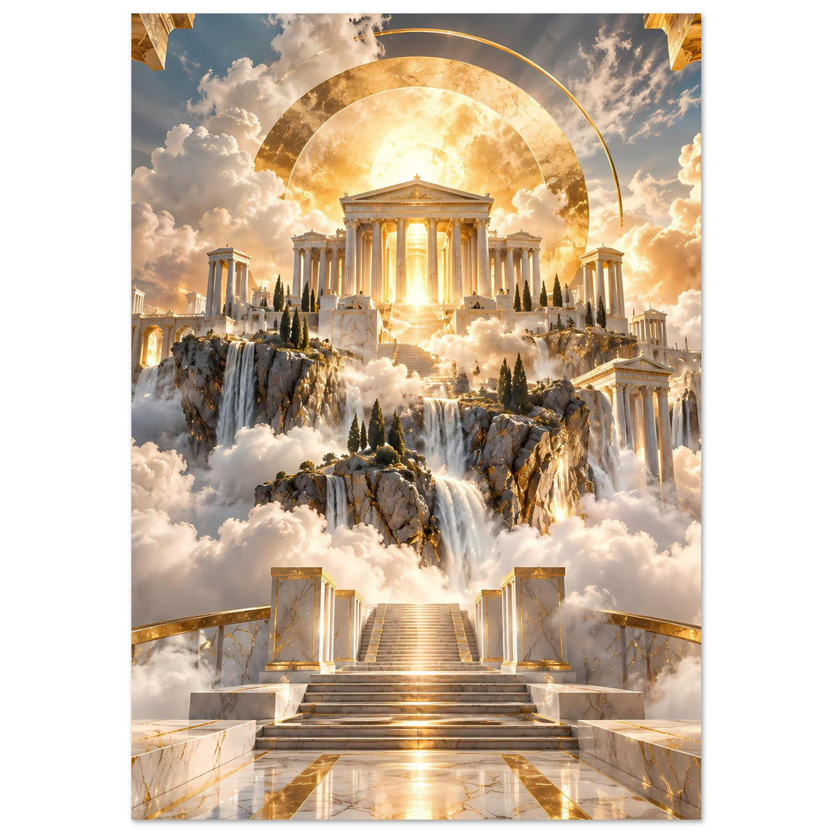 Poster mit goldenem Lichtbogen über Tempel, Wasserfall, Tannen und Marmortreppe
