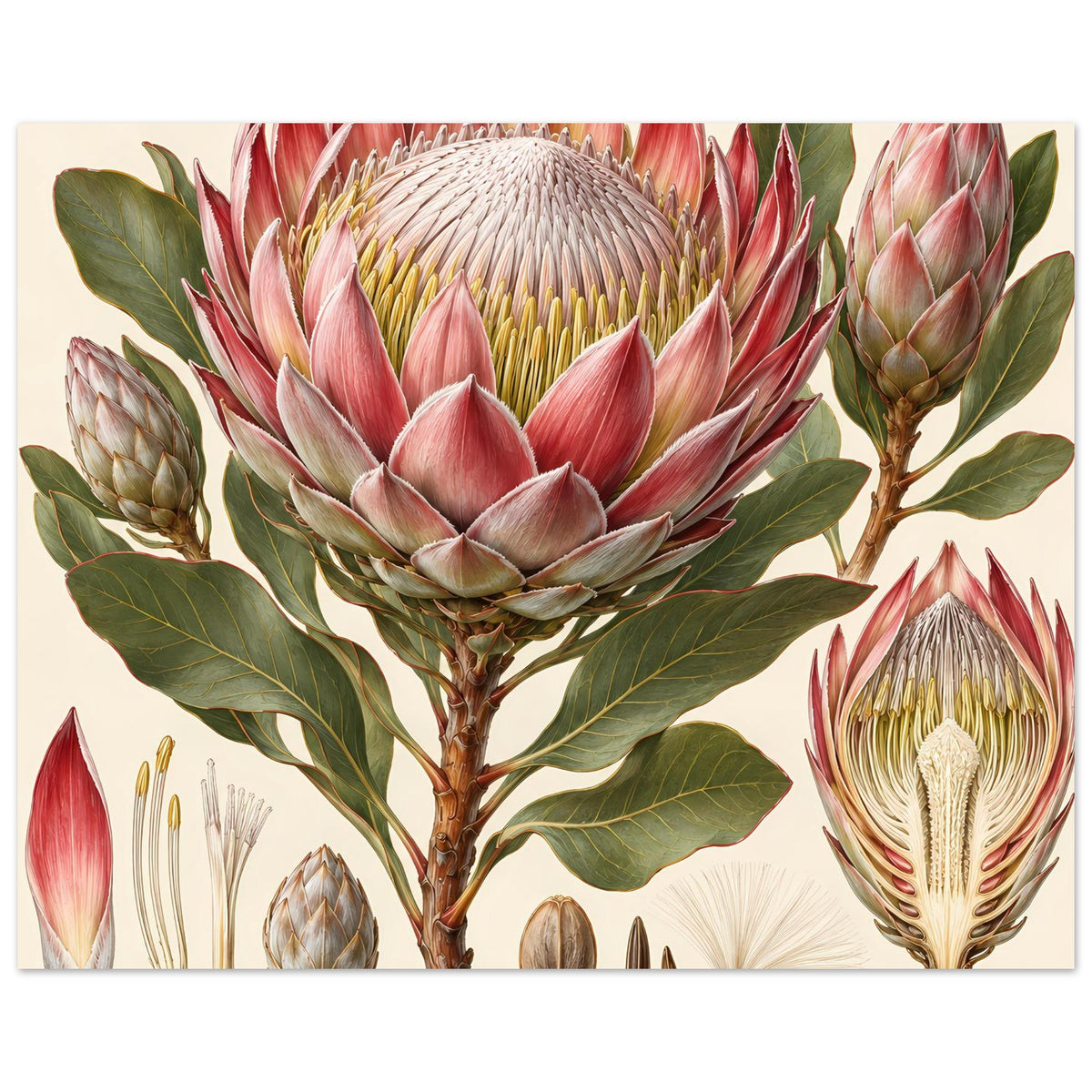 Protea-Blumenposter, naher Bildausschnitt mit zentraler rosa Blüte und seitlichen Knospen