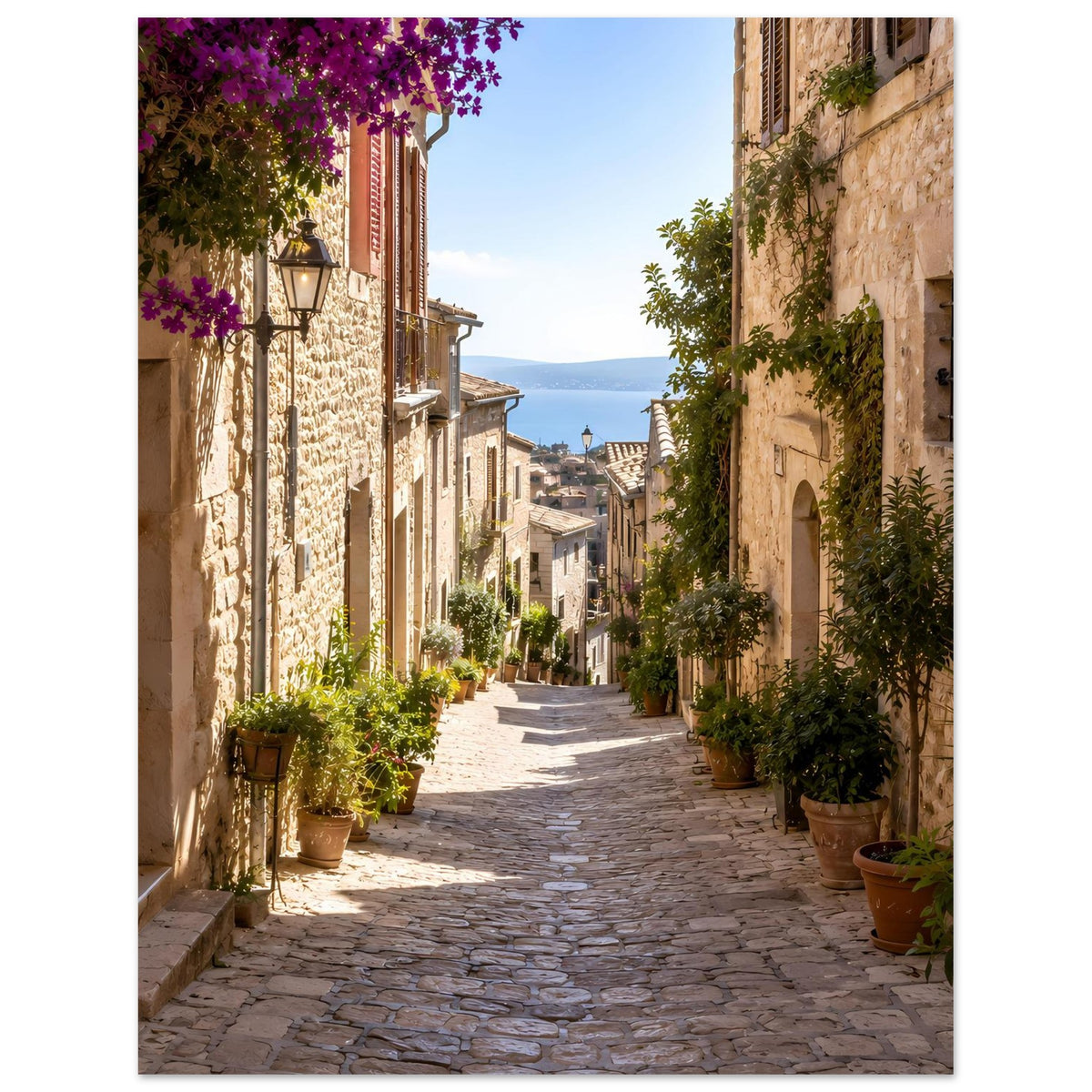 Fotoposter einer mediterranen Gasse mit Kopfsteinpflaster, Steinhäusern, Grünpflanzen und lila Blüten
