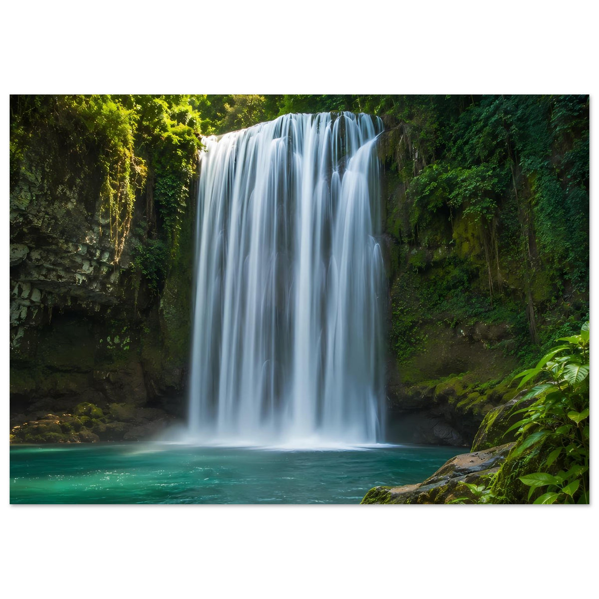Horizontal ausgerichtetes Poster mit Wasserfall, türkisgrünem Wasser und Felsen, panorama