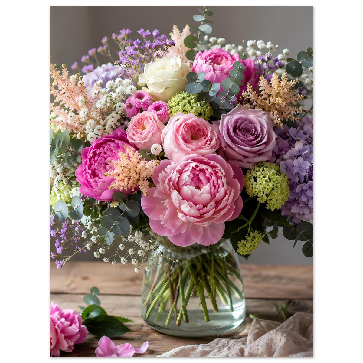 Poster mit Blumenstrauß im Glasvase: Pastellrosa und Lila mit hellen Akzenten