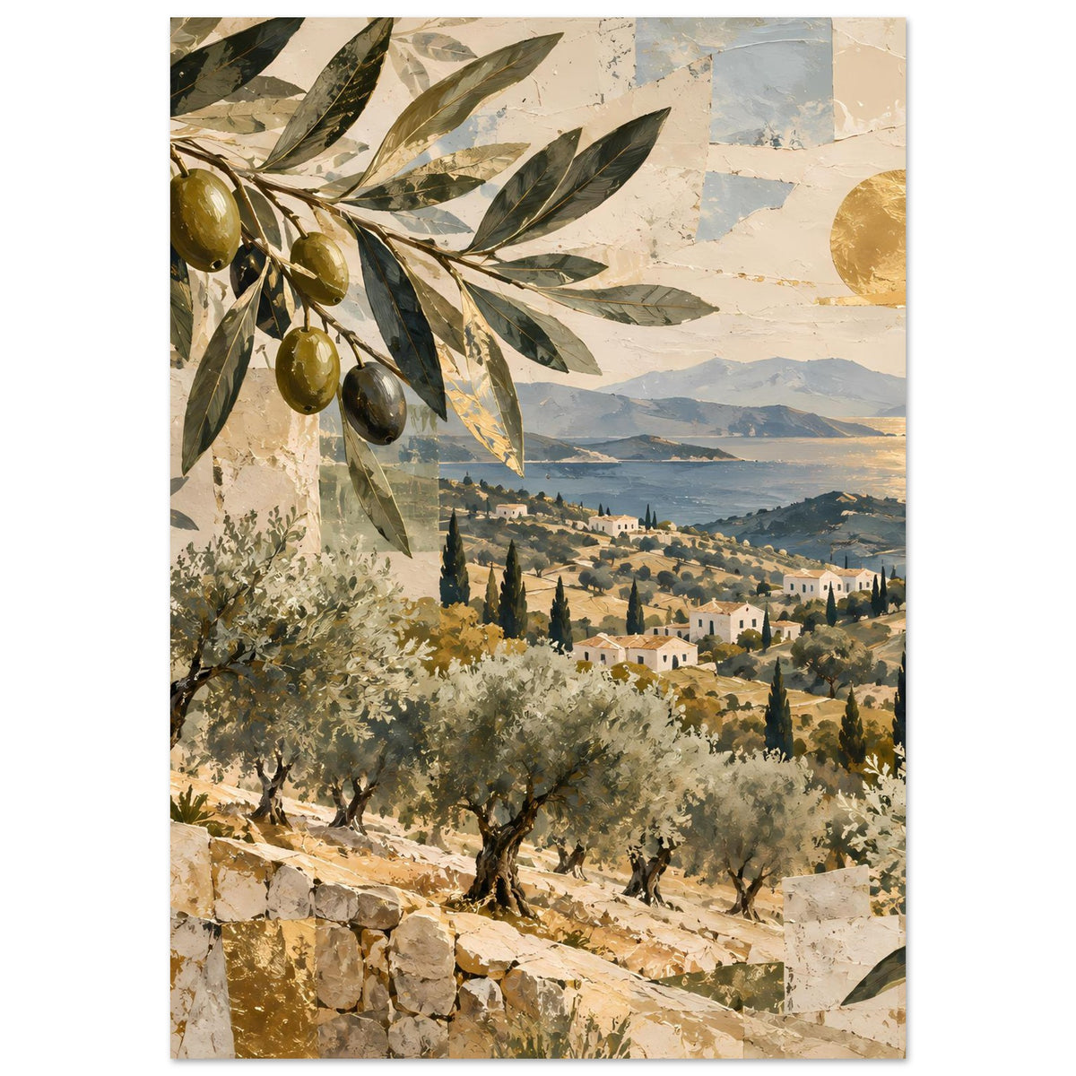 Mediterranes Poster: Olivenzweige links, Olivenhain und Dörfer in der Ferne