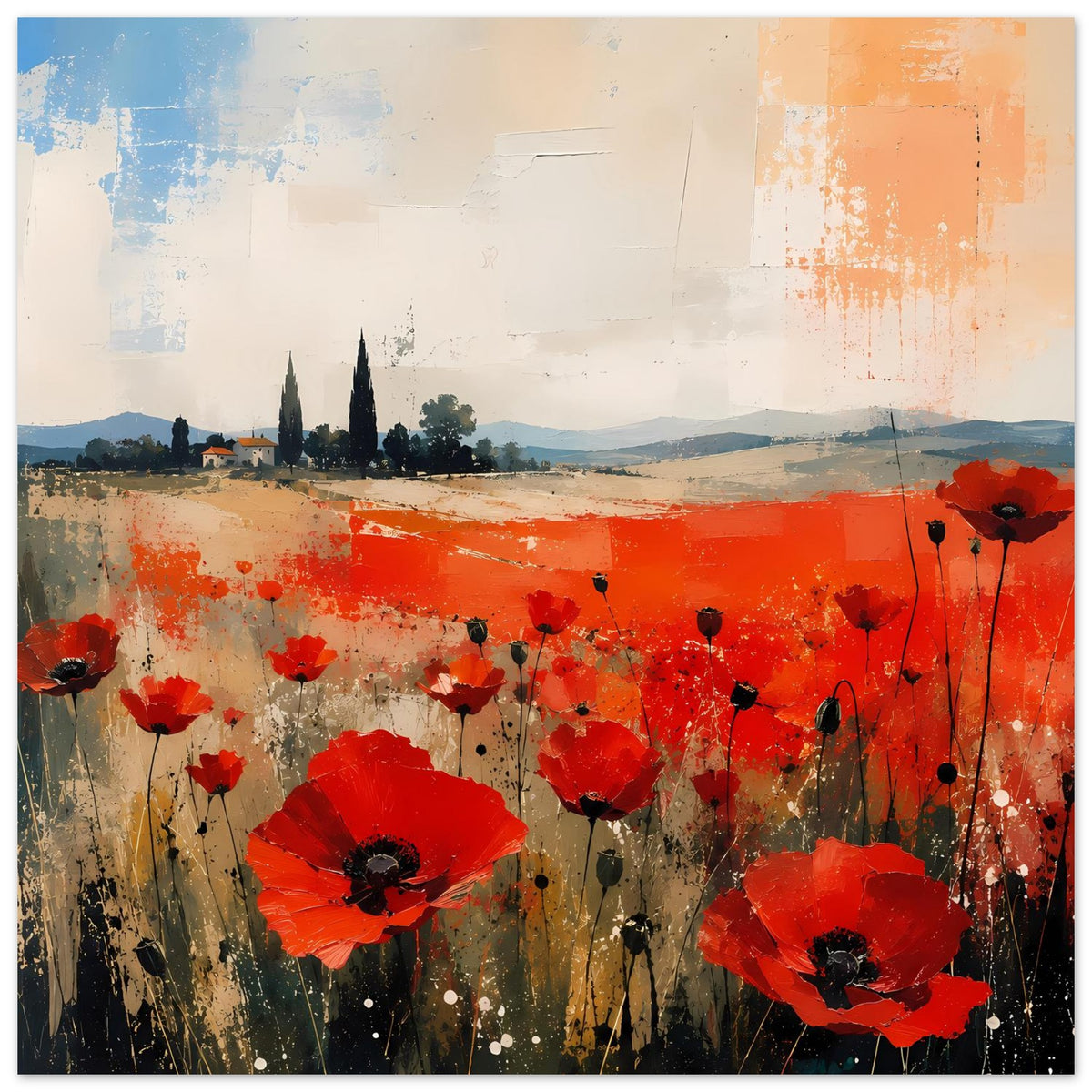 Poster: leuchtend rote Mohnblüten mit dunklen Stielen und abstrakte Felder im Hintergrund
