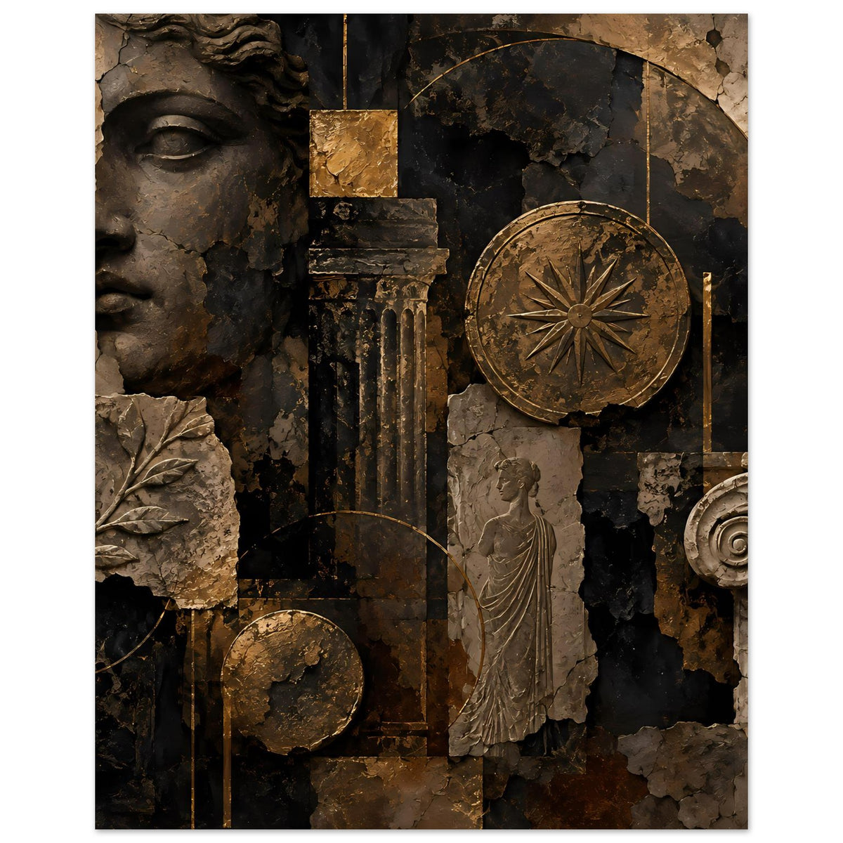 Wandposter im Hochformat mit antikem Relief, Gesicht links, goldfarbenes Rad und Figur mittig