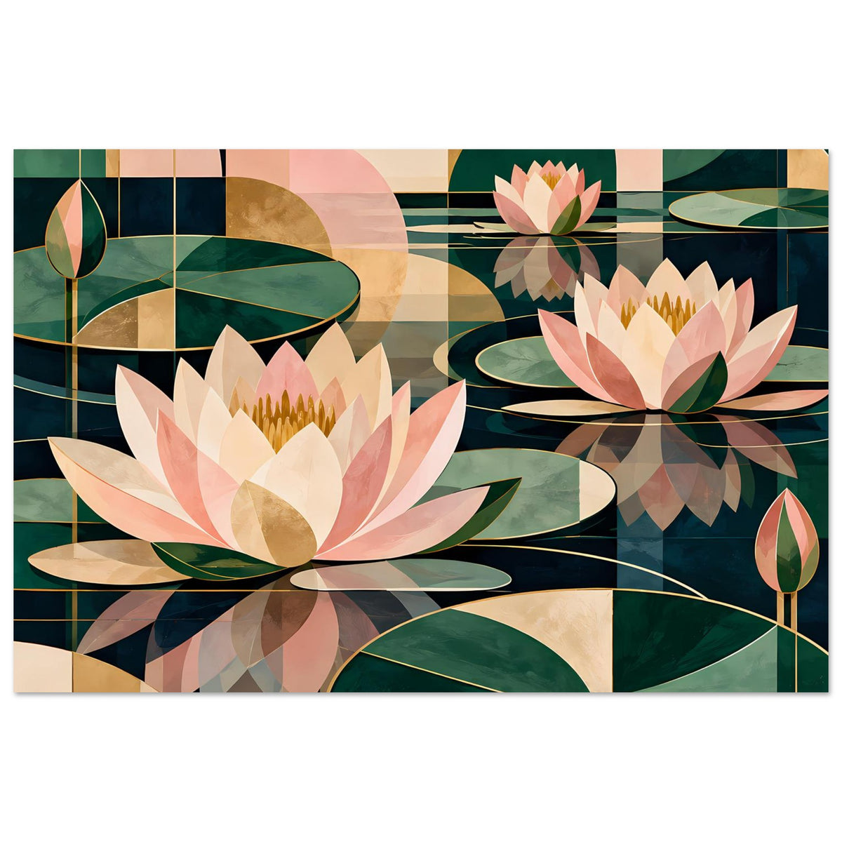 Lotus-Grafik-Poster mit rosa und grünen Seerosen, horizontales Format
