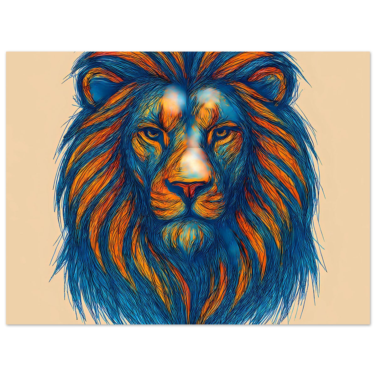 Löwenposter im Pop-Art-Stil mit blauem Gesicht und orangefarbenen Mähnensträhnen