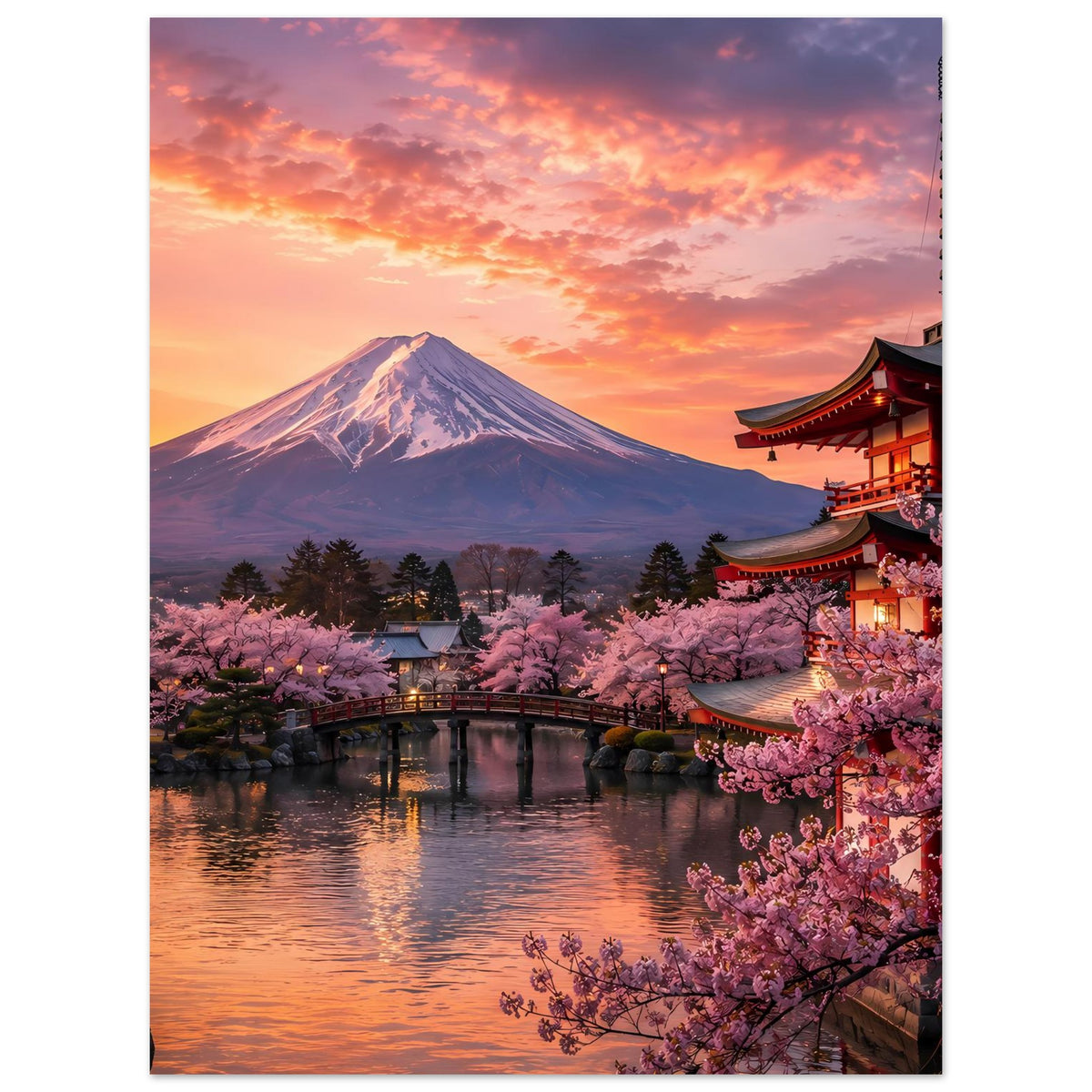 Poster mit Berg Fuji, Kirschblüten und Pagode am Fluss im leuchtenden Abendhimmel