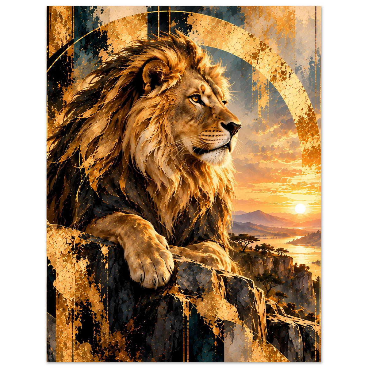 Löwenposter mit Löwe auf Felsbrocken, goldene Mähne, orange Sonne über einer Landschaft