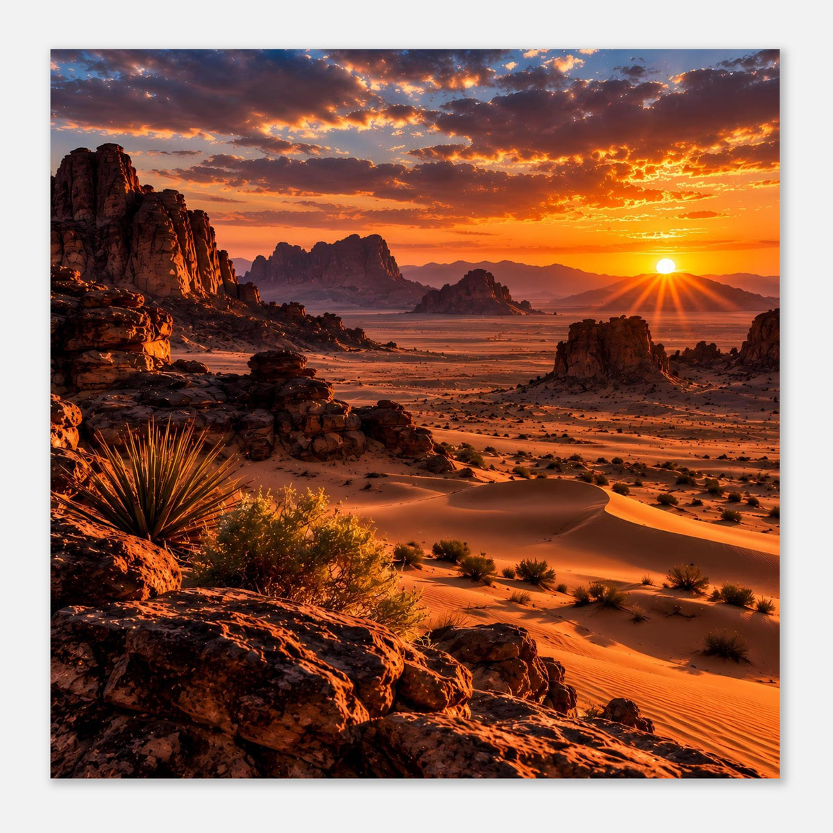 Poster mit Wüstenlandschaft bei Sonnenuntergang, Dünen und Felsformationen im warmen Licht.