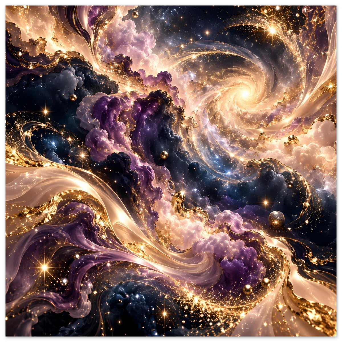 Kunstdruck: kosmischer Wirbel in Violett und Gold mit Sternen und Planeten, dicht dargestellt.