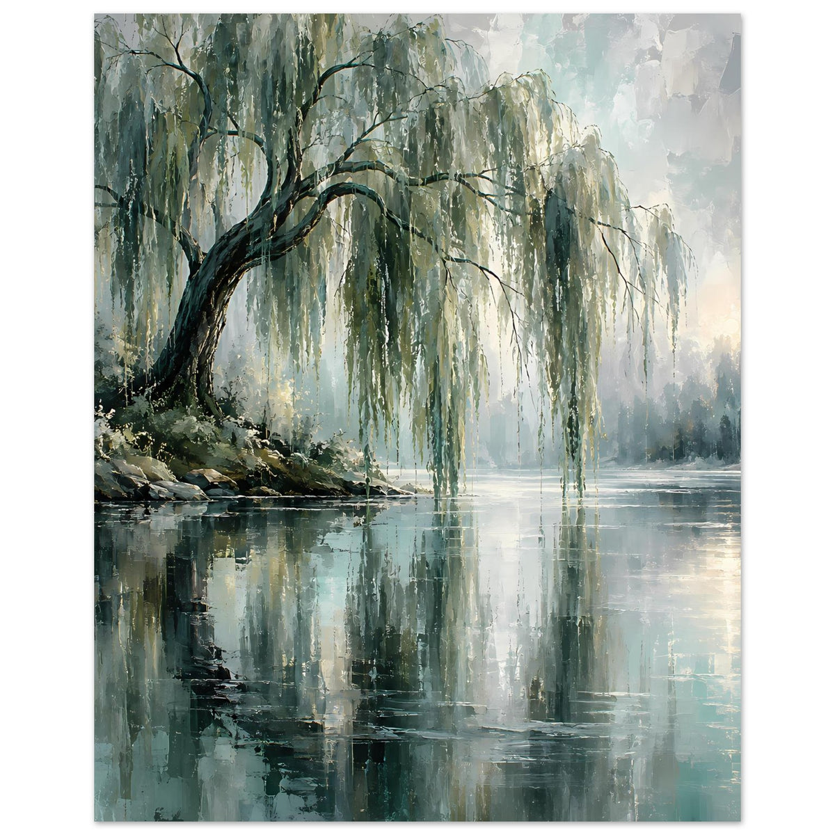 Poster mit Weiden am Ufer und Spiegelung im Wasser, grünliche Pastellfarben