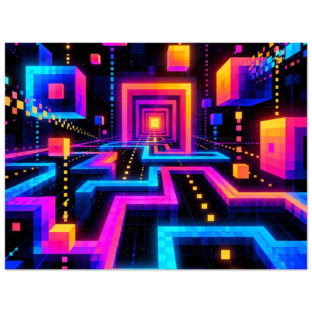 Neon-Labyrinth-Poster mit 3D-Passagen und leuchtenden Lichtpunkten, Querformat.