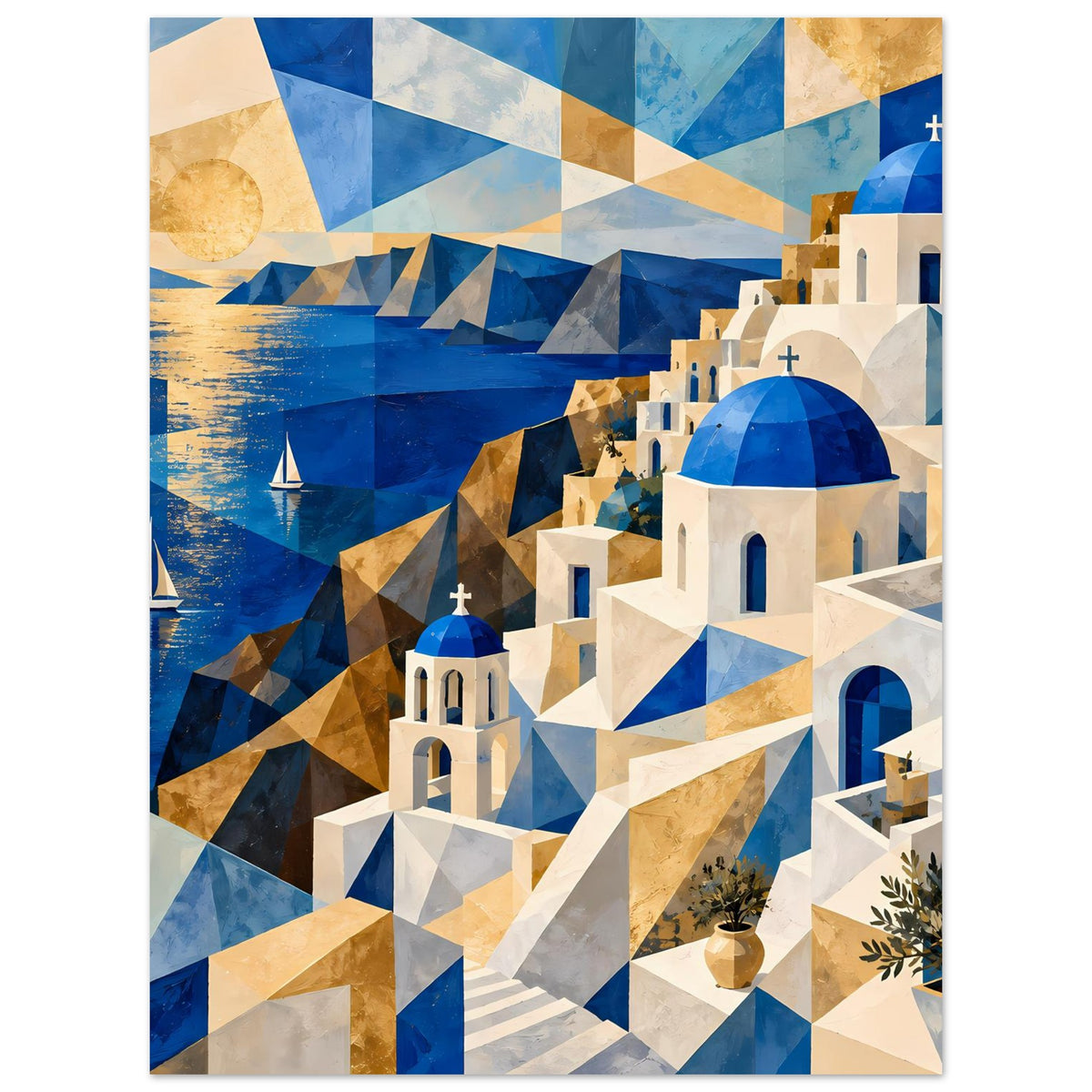 Geometrisches Poster mit blauen und goldenen Santorini-Gebäuden sowie Kirche