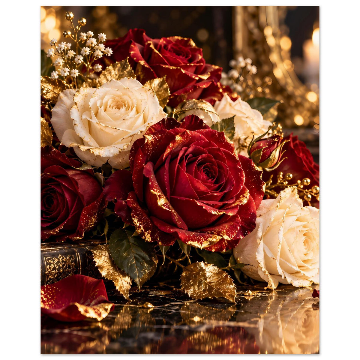 Rosenstrauß mit Bordeauxroten und cremeweißen Rosen, goldene Dekorelemente im Bouquet