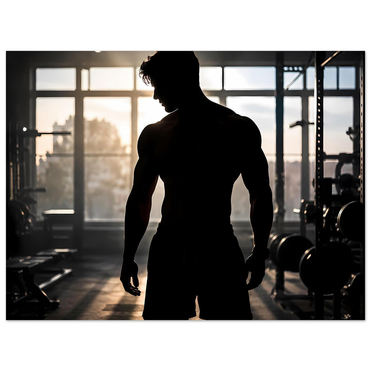 Fitness-Poster mit männlicher Silhouette, Ganzkörperansicht, frontal mit Schatteneffekt
