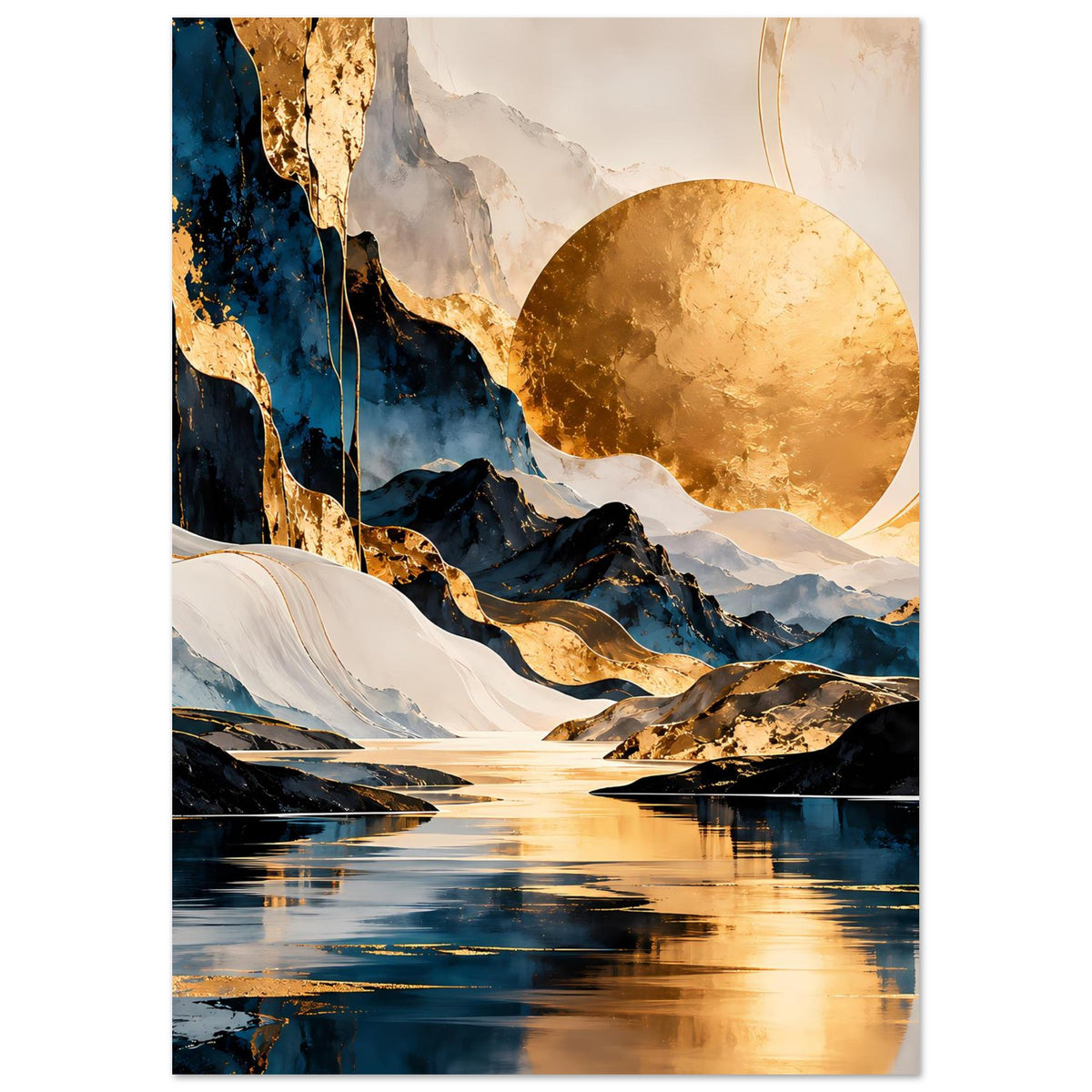 Kunstposter mit abstrakter Landschaft in Blau, Schwarz und Gold: Berge, See, goldener Mond.