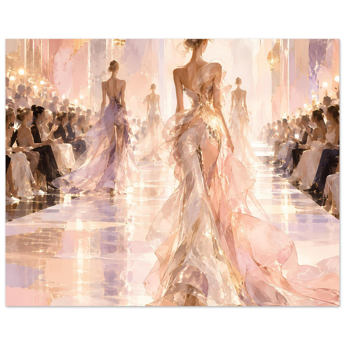 Horizontales Poster: Model im rosengoldenen Kleid auf dem Laufsteg, weitere Models dahinter