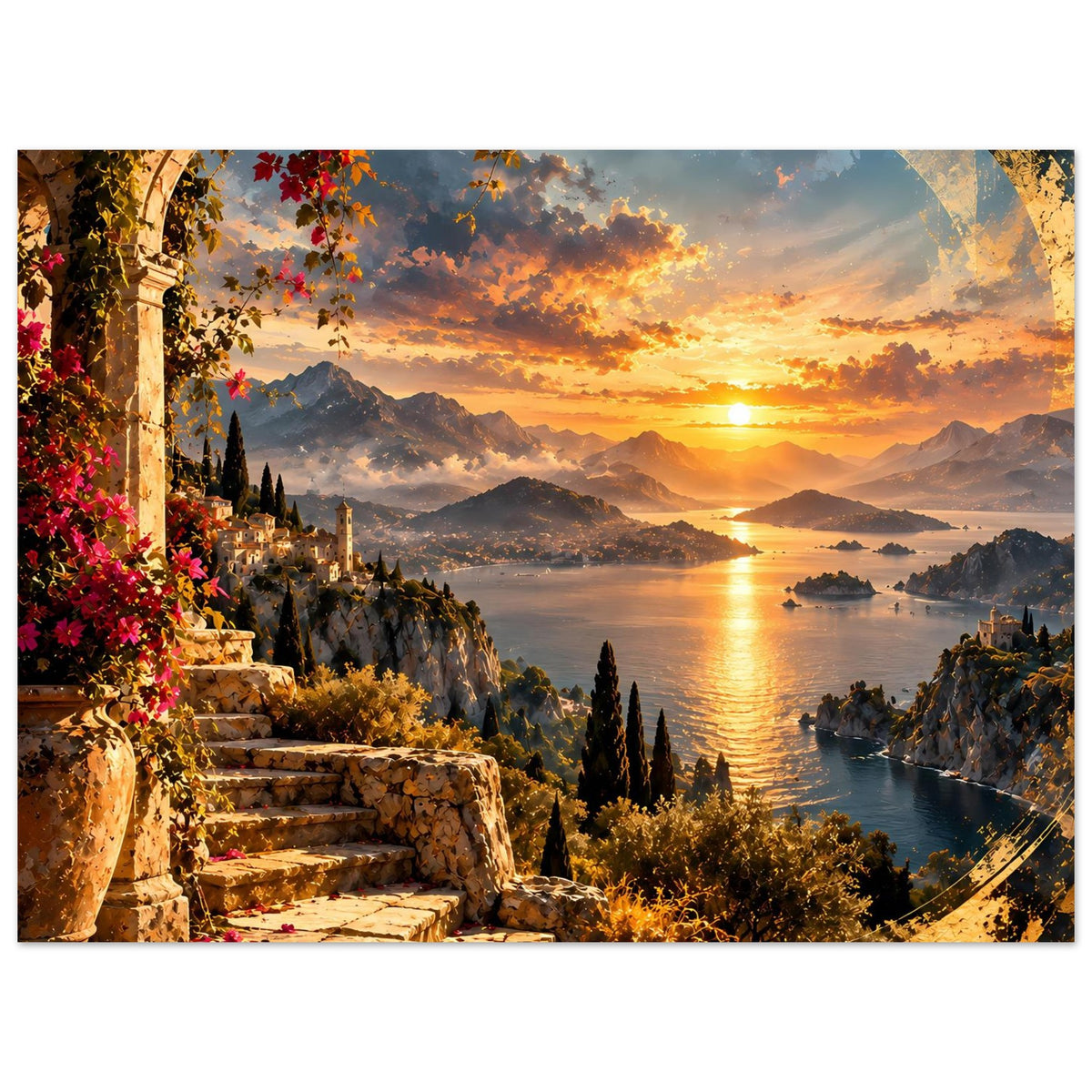 Küstenposter mit Rundbogen, Sonnenuntergang, Meer, Bergen, Steintreppe und Blüten