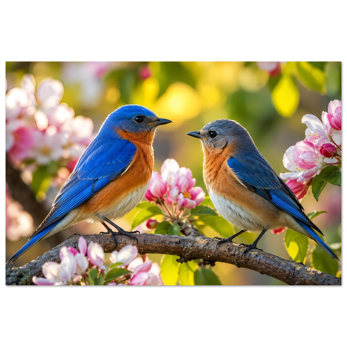 Poster mit zwei blauen Vögeln auf Ast zwischen rosa Blüten, breiter Bildausschnitt