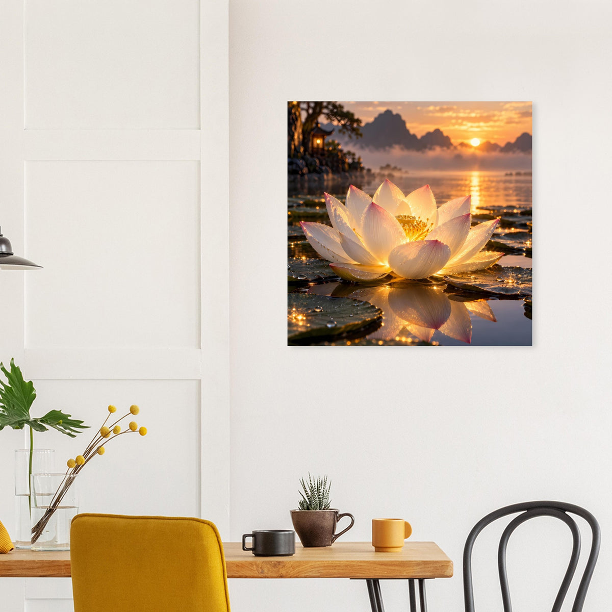 Lotusblüten-Poster mit leuchtender Blüte und Sonnenuntergangshimmel über Wasser