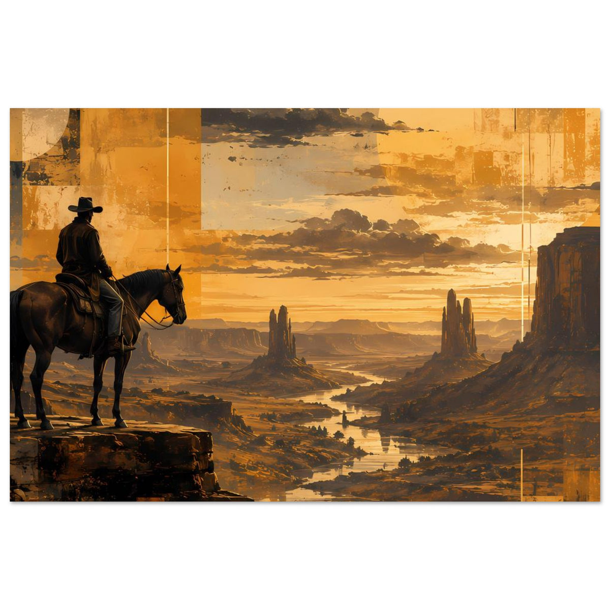 Wandposter mit Cowboy und Pferd links, Wüsten-Tal mit Fluss, Sonnenuntergang im Gelb