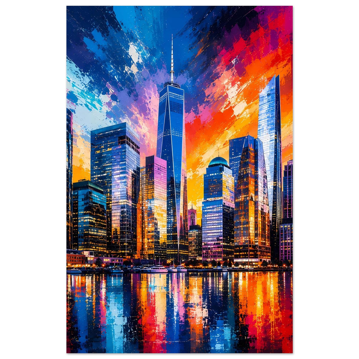 Hochkant-Poster mit Skyline bei Sonnenuntergang, farbiger Himmel und Wasserreflexion