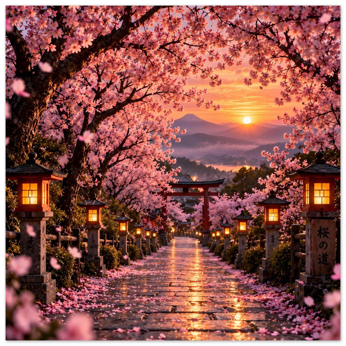 Kirschblütenallee-Poster mit Torii-Tor, rosa Blüten über dem Weg und leuchtenden Laternen