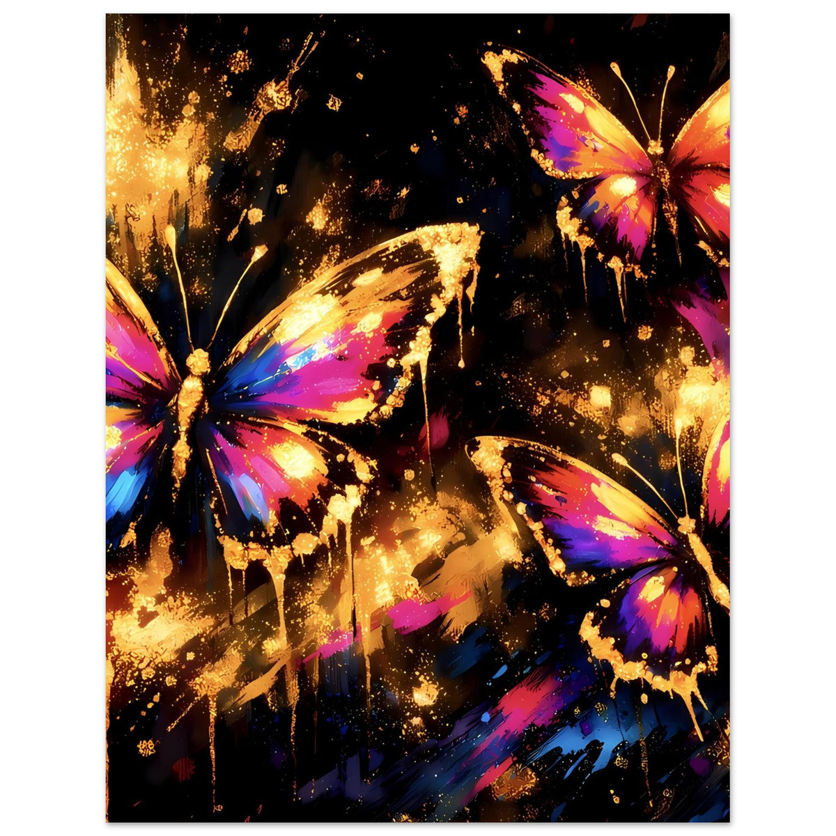 Kunstposter, vertikal: vierfarbige Schmetterlinge in Pink, Blau, Lila und Gold auf dunklem Grund
