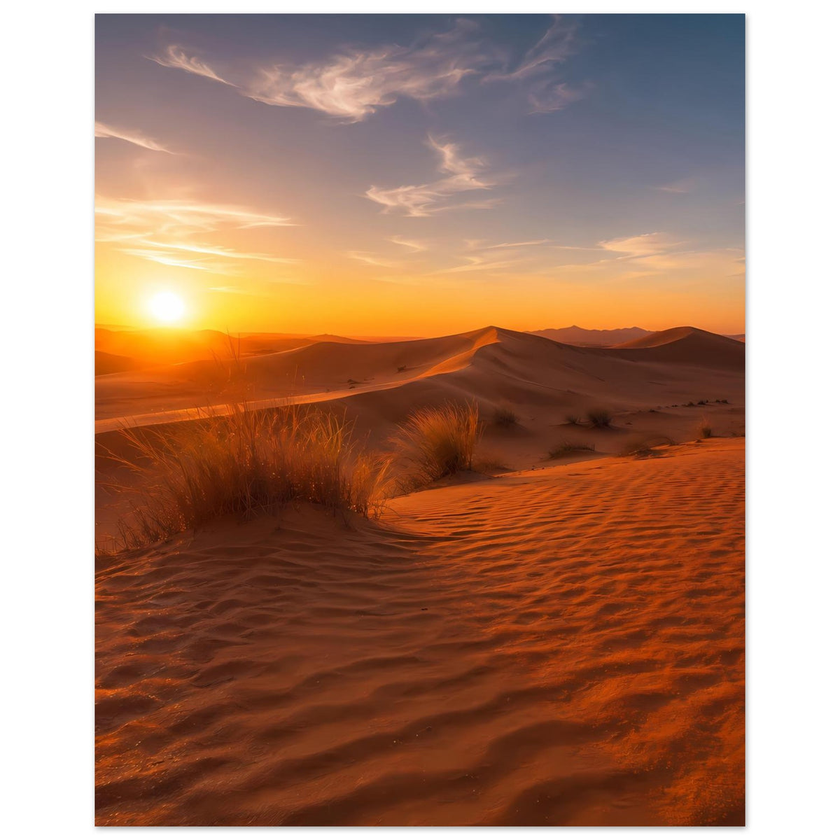 Wüstenlandschafts-Poster im Hochformat mit Dünen, untergehender Sonne und orangefarbenem Licht