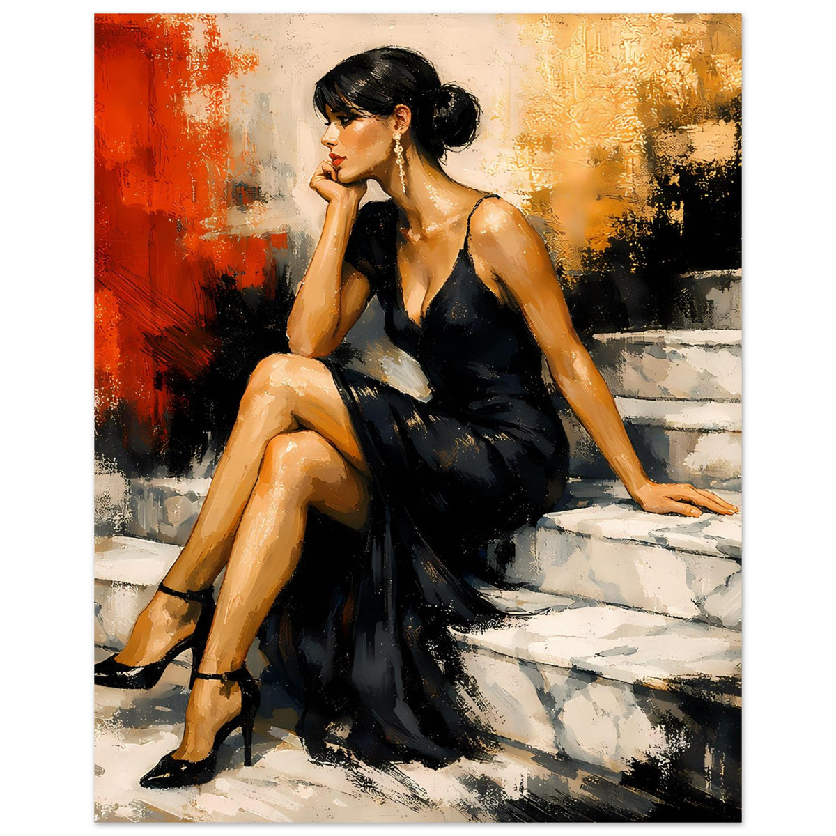 Kunstposter mit Frau im schwarzen Abendkleid, seitliches Porträt, Hände auf der Stufe