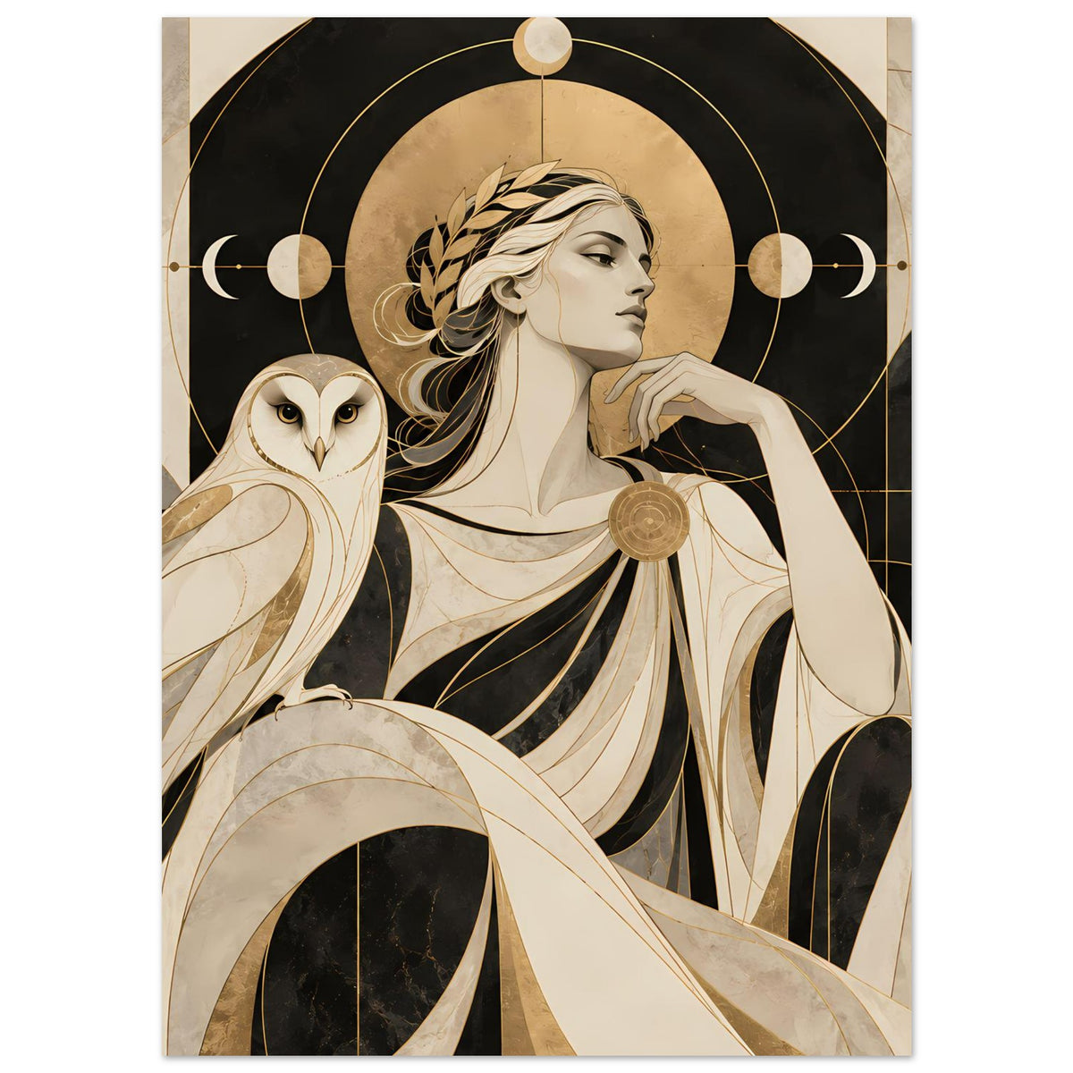 Kunstposter: Frau mit Hand am Kinn, Eule daneben, goldene Linien und Kreisbogen