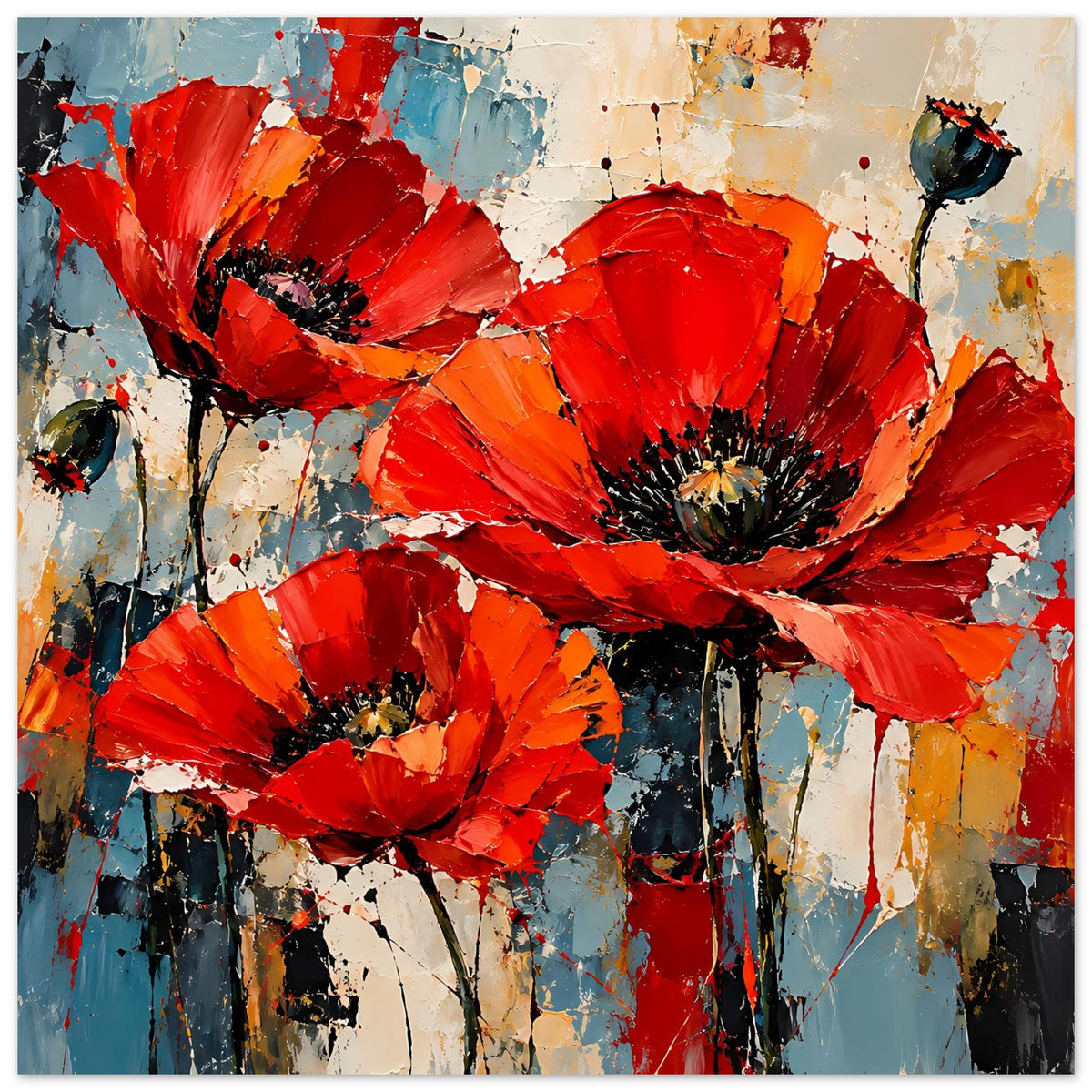 Abstraktes Poster mit roten Mohnblumen auf mattem Premiumpapier, großformatig, detailreich