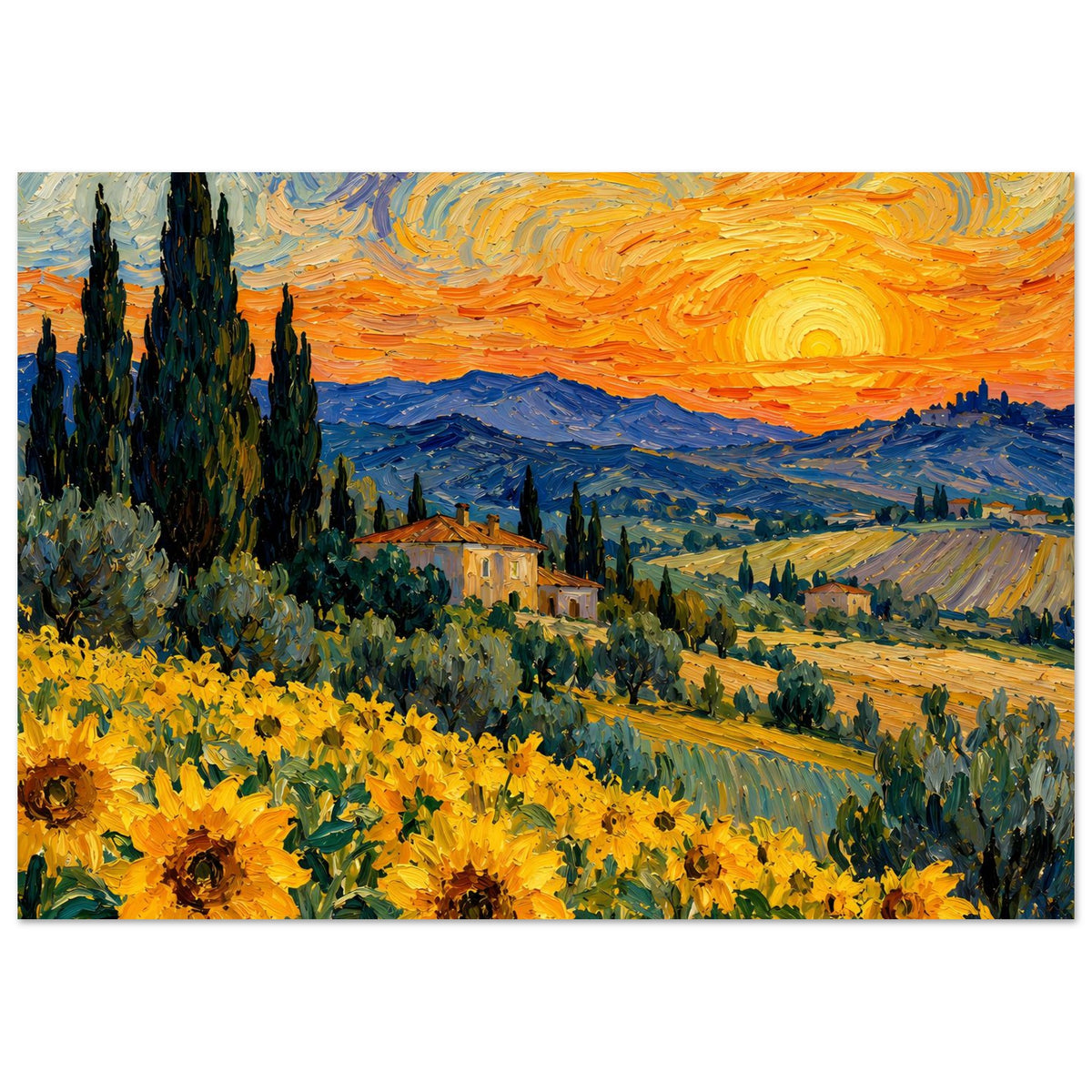 Kunstposter, gerahmter Druck mit Talansicht und Sonnenblumen unten, orangegelber Sonnenball