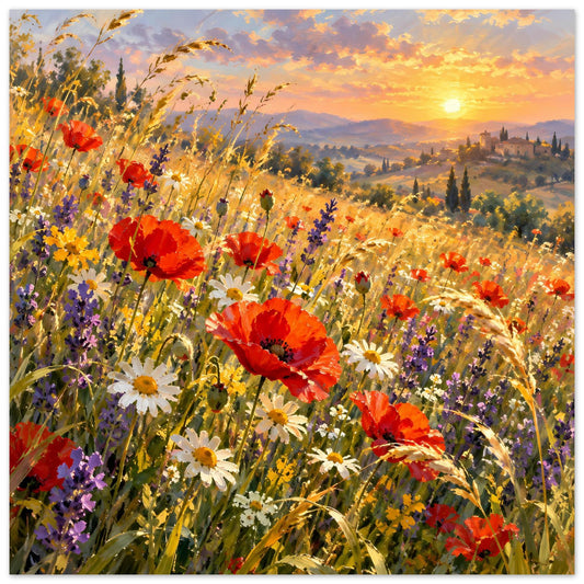 Leuchtendes Wildblumenfeld-Poster mit roten Mohnblumen, weißen Gänseblümchen und Sonnenuntergang