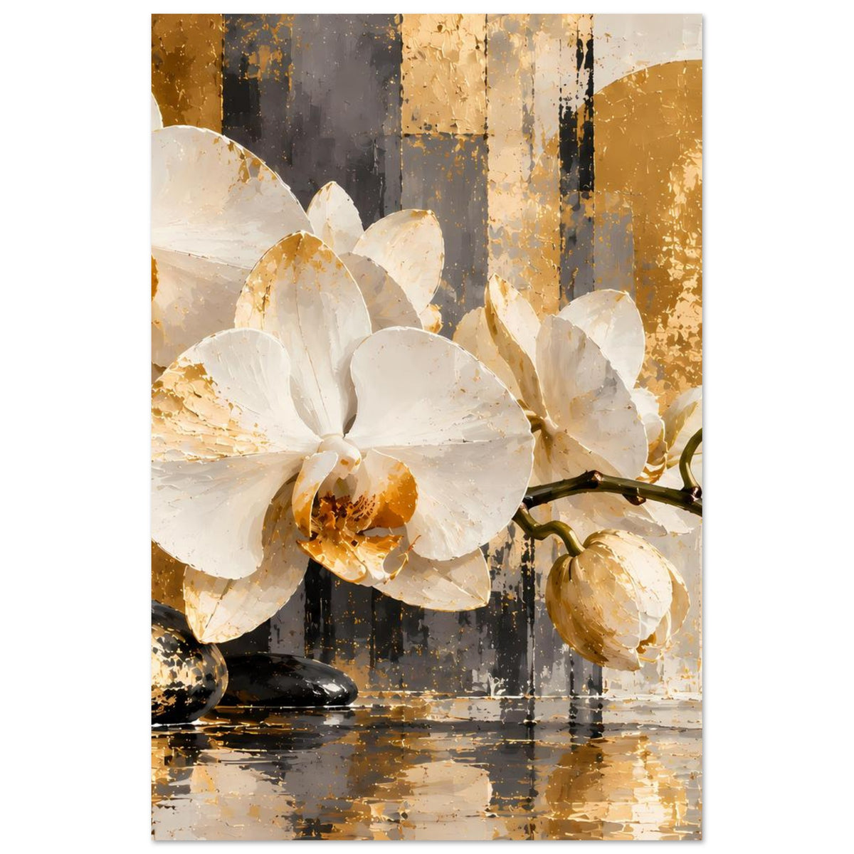 Orchideenposter mit weißen Blüten auf goldfarbenem, dunkelgrauem und schwarzem Texturmotiv