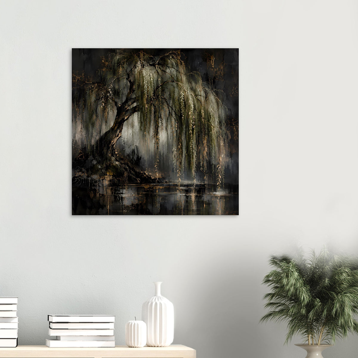 Quadratisches Naturposter mit Weidenbaum, goldenen Lichtakzenten und spiegelndem Wasser