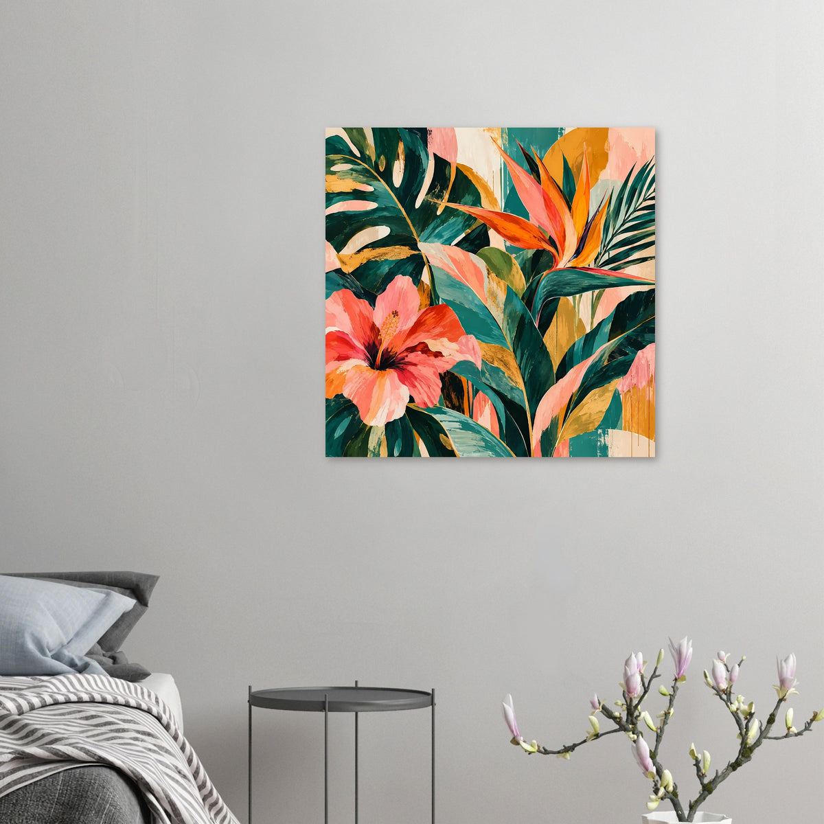 Kleines Kunstposter mit Tropenblüten-Motiv und bunten Blättern, farbkräftig