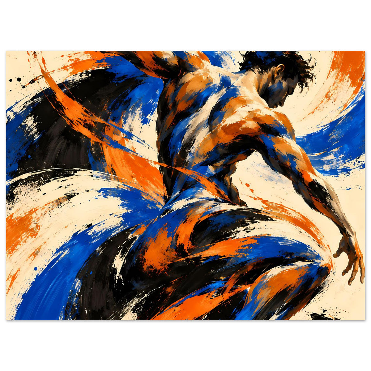Kunstposter mit abstrakter Aktfigur, kräftige Pinselstriche in Blau, Orange und Schwarz